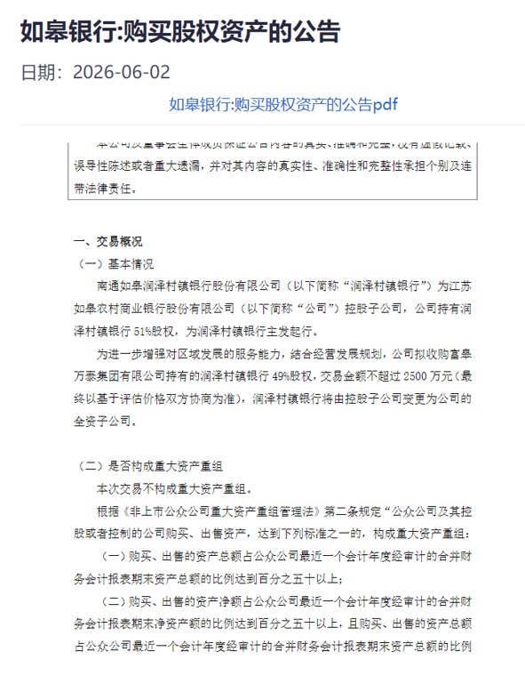 如皋银行拟收购润泽村镇银行剩余49%股权 交易对价上限2500万